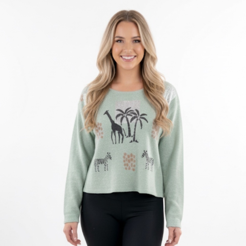 Vintage green knit safari giraffe print sweater one size